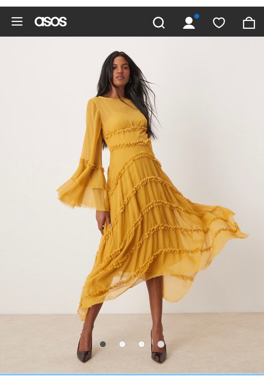 ASOS DESIGN ruffle dress with high low hem & volume ruffle sleeve in ochre